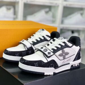 LV Louis Vuitton Trainer Sneaker Low Sport Series Low-Top Retro Stylish Casual Athletic/Cultural Basketball Shoe “Velcro, White/Black with LV Embroidery Denim” 1A9ZG9
