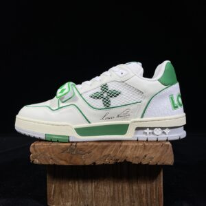 Lv Trainer with white and green leather mesh surface
