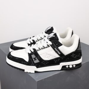 Availability limited to couples only. LV Trainer sneakers! Model number LD 0727, created by Virgil Abloh, showcases inspiration drawn from retro basketball shoes. Monogram leather patchwork with MiniMonogram embossed calf leather