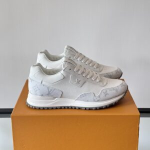 L.v 🆕 RUN AWAY sneakers. These RUN AWAY sneakers feature top-grain leather construction with breathable original materials, a wedge rubber outsole that continues the running shoe design, adorned with Monogram floral patterns, Lv lettering on the tongue, and a Louis Vuitton Paris emblem on the back. Equipped with branded identification cotton insoles, a mesh interior with leather overlays at the heel for comfort and breathability!