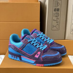 Top-of-the-line version. This LV Trainer sneaker features dazzling crystal accents, paying homage to the original design introduced by designer Virgil Abloh for his Spring/Summer collection. The intricate upper and rubber outsole evoke classic touches, with Monogram floral motifs adding a touch of retro basketball shoe inspiration.