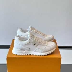 L.v RUN AWAY sneakers. These RUN AWAY sneakers feature top-grain leather construction with breathable original materials, a wedge rubber outsole that continues the running shoe design, adorned with Monogram floral patterns, Lv lettering on the tongue, and a Louis Vuitton Paris emblem on the back. Equipped with branded identification cotton insoles, a mesh interior with leather overlays at the heel for comfort and breathability!