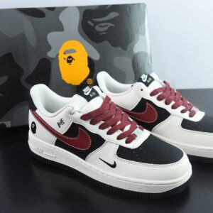 Nike Air Force 1'07 Low Bape collab; black and white with wine red; low-top casual plimsoll
