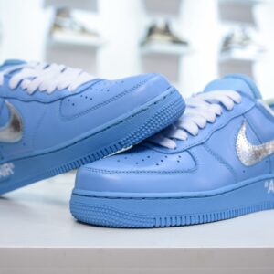 Off-White x Nike Air Force 1 ’07 deconstructed low-top versatile plimsoll in blue museum color.