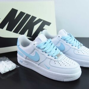 Nike Air Force 1 AF1; low-top; white and light blue; alphabet print; custom edition.
