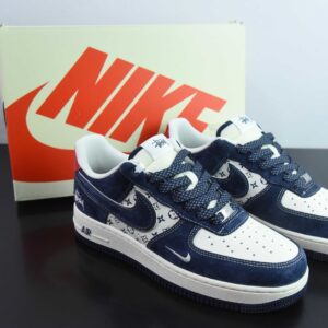 Nk Air Force 1'07 Low Stussy Collab-Deep Blue Red Printed Low Top Casual Sneakers
