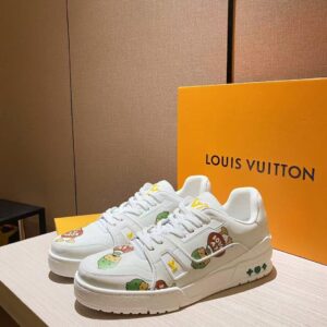 Couple’s edition. Top-tier version, authentic Louis Vuitton. The Trainer sneakers are a reinterpretation of vintage basketball shoes by artistic director Virgil Abloh.